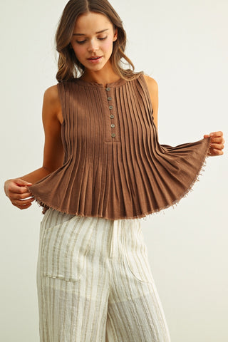 All Pleated Button Top Mocha