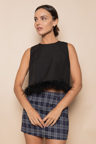 Black Sleeveless Fur Trim Top