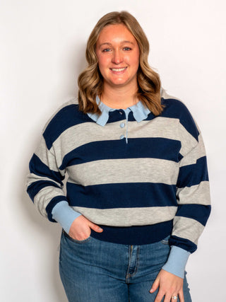 Navy Striped Ruffle Polo Sweater