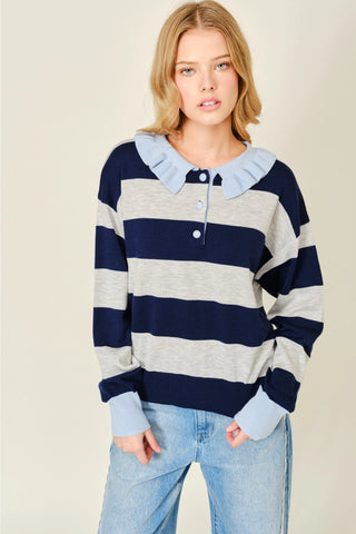 Navy Striped Ruffle Polo Sweater
