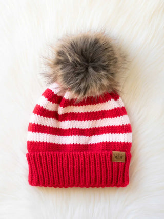 Red and Pink Striped Pom Hat